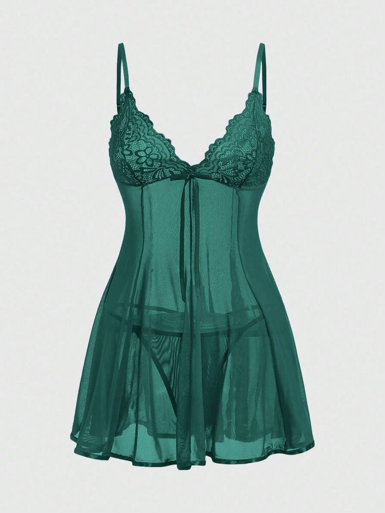 ROMWE J-Fashion Y2K Avant-Garde Lace Mesh Patchwork Bow Sexy Sheer Dress Set - Army Green - View 1