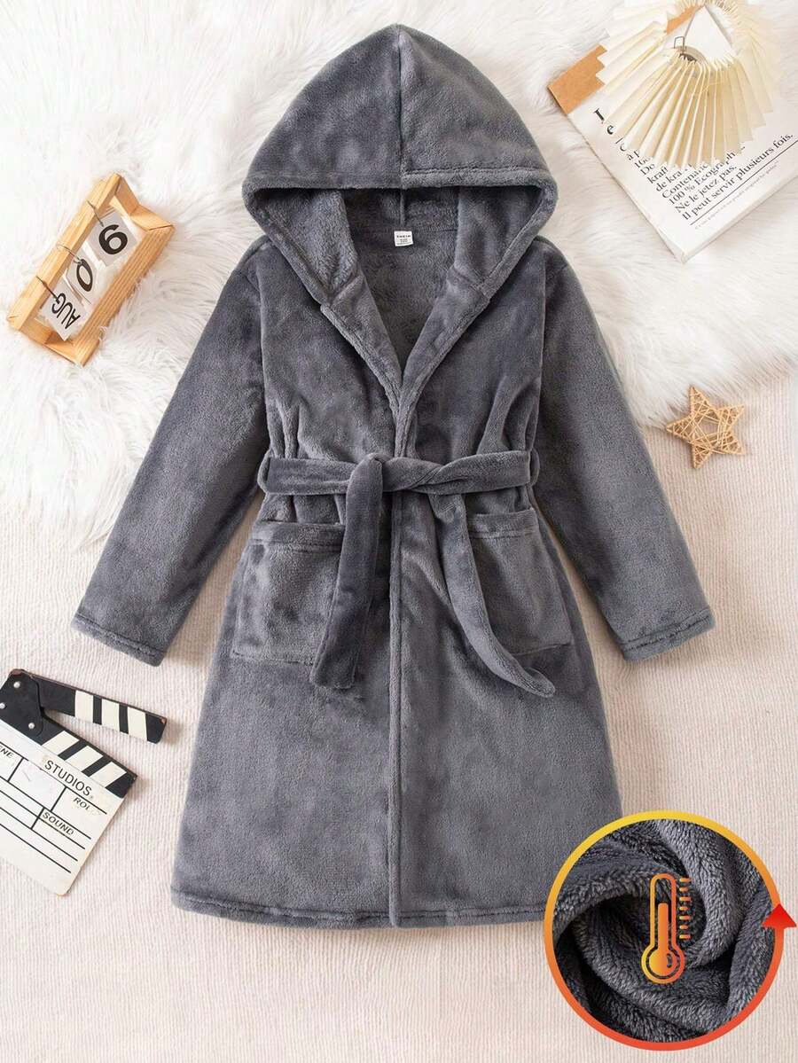 Genkimix Kids Boys' Grey Minimalist Football Allover Print Hooded Long Sleeve Robe, Suitable For Home, Party, Autumn/Winter Robe For Kids Hooded Robe,Boys' Cardigans