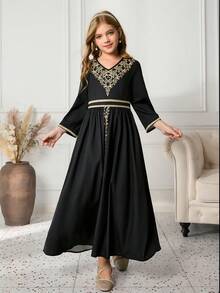 Tween Girls Elegant Party Gold Foil Print Ribbon Dress - Black - View 6