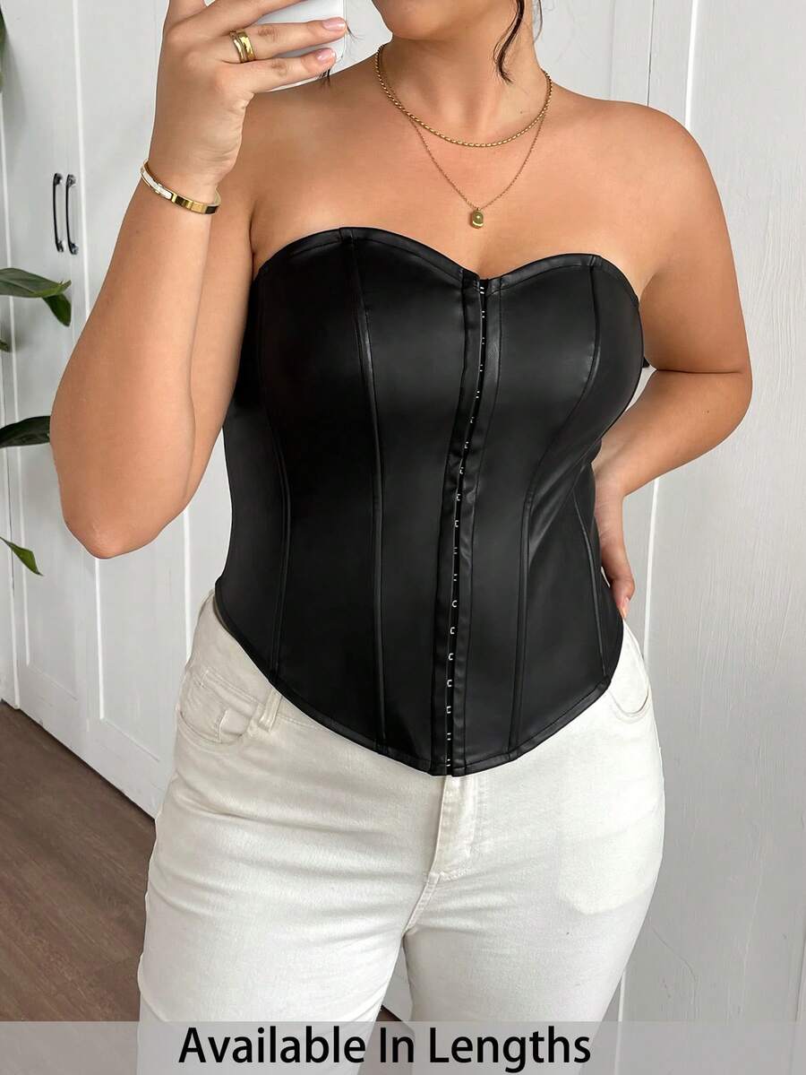 SHEIN Tall CURVE Plus Size Solid Center Front Button Decoration PU Leather Black Tube Top - Black - View 1