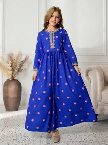 Vestido azul para niña preadolescente con ribete floral de estilo de Oriente Medio, atuendo para festival - Azul - Ver 4