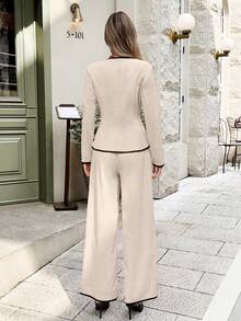 SHEIN Frenchy 2pcs Women's Elegant Black And Beige Contrast Trim Wrap Tie Front Long Sleeve Top And Wide Leg Pants Set,French-Style Office Autumn Commuting Suit - Apricot - View 2