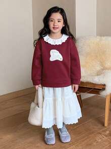 DAZY 女童圆领荷叶边卡通休闲长袖时尚花卉边饰卫衣 - 紅色 - 查看 3