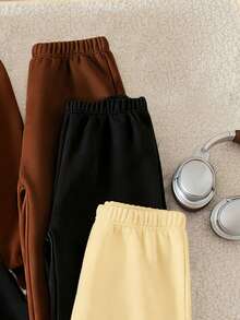 SHEIN 6pcs/Set Girls Casual Knit Japanese Sweatshirt Fabric Sweatshirt & Elastic Waist Jogger Pants Set, Light Apricot, Dark Gray, Dark Apricot 3 Colors With English Print, Suitable For 8-12 Years Old Girls, Casual Occasions Like Daily Wear, Outing, Travel