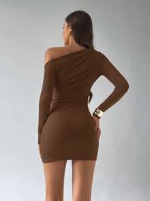 Aloruh Women's Solid Color Christmas Party Mesh Bodycon Mini Red Dress - Coffee Brown - View 2