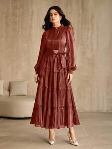 Anewsta Váy dài tay cổ tròn ren chắp vá bằng vải chiffon dành cho nữ, mùa thu/đông - Đỏ - Xem 4