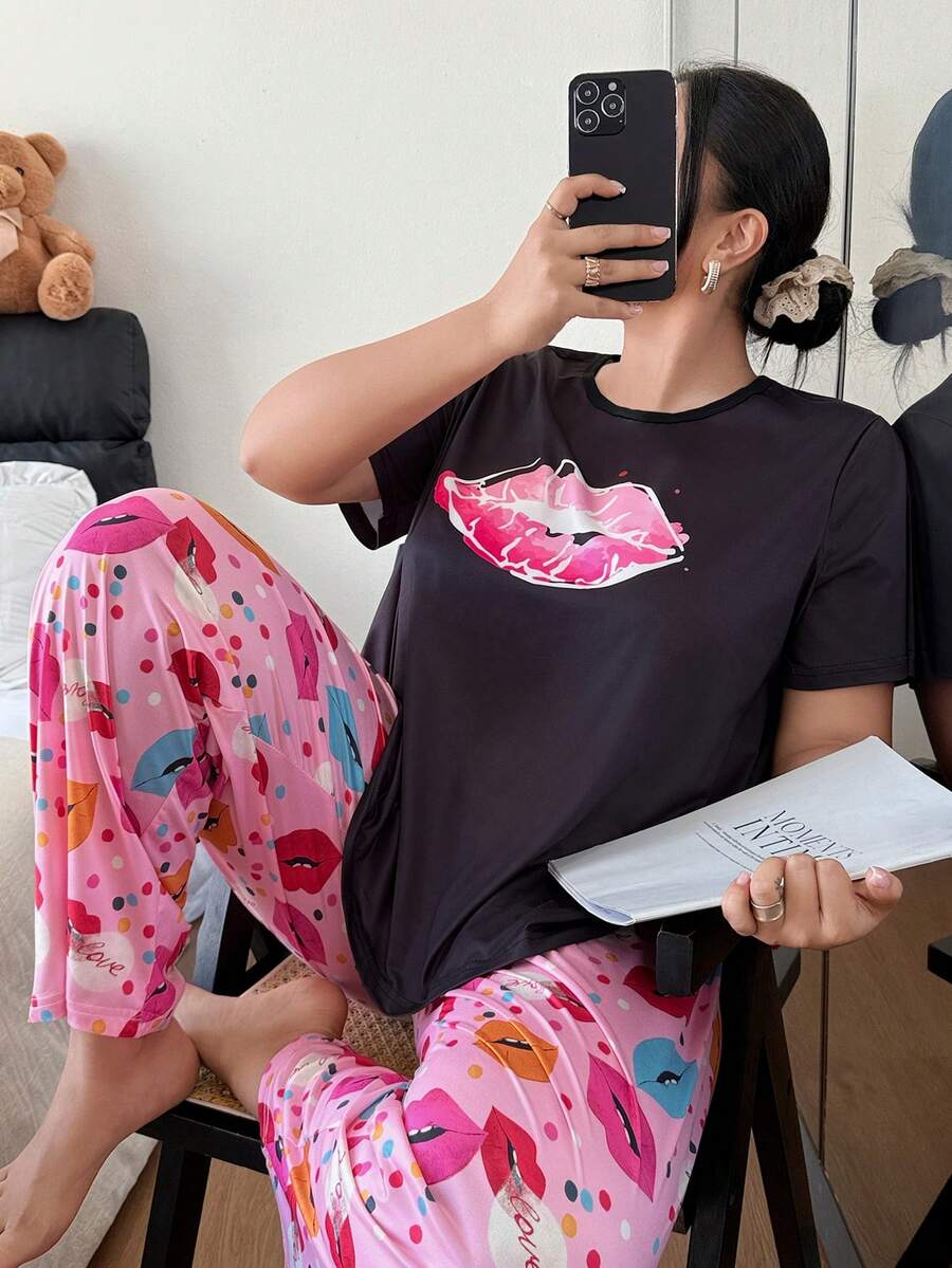 Dream Adore Plus Size Lip Print Short Sleeve Casual Pajama Set Cute Lounge Wear - Pink - View 1
