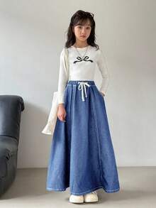 少女休闲水洗抽绳腰超长牛仔裙