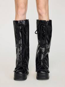 ROMWE Kawaii 1 Pair Of Punk Style Leather Socks, Niche Design Drawstring Strap Boot Cover, Four Seasons Locomotive Style Socks, Personalized Street Style Leg Cover - Black - View 4