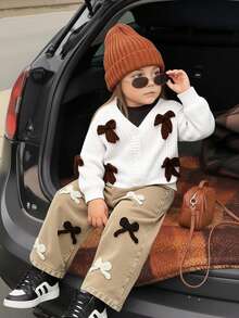 Young Girls Khaki Butterfly Embroidery Wide Leg Jeans - Khaki - View 10