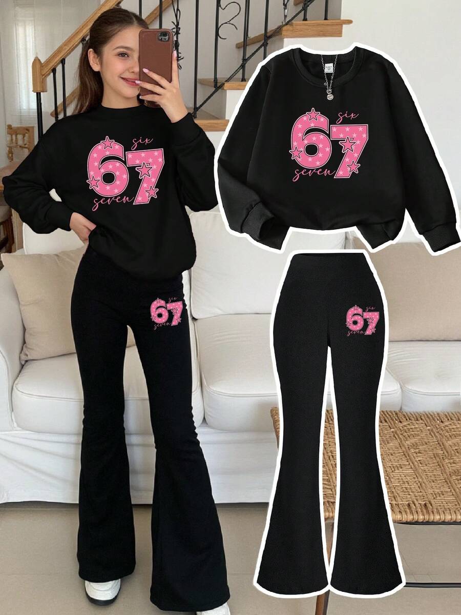 SHEIN 8-12岁女童休闲独特标语黑色连帽衫和喇叭裤套装,可爱黑色67星图案,舒适贴身,适合儿童穿着,适合秋、冬、春季日常穿着。 - 彩色 - 查看 1
