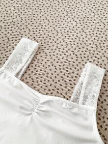 Teen Girl Spring/Summer New Y2K Fashion Pure White Ruffled Lace Strap Tight Knit Camisole, Basic Crop Top - White - View 3