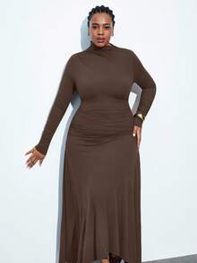 Maija Figurbetontes elegantes Kleid mit Raffungen und Langarm für Damen in Große Größen, geeignet für den urbanen Arbeitsweg, Business-Lässig, Weihnachten, Silvester-Party & Zusammenkünfte - Braun - Übersicht 3