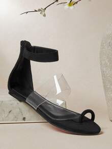 SHUZIA Women's Minimalist Comfortable Toe Ring Ankle Strap Flat Sandals - Black - View 3