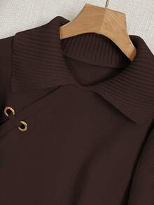 GlowEve Women's Turndown Collar Oblique Side Metal Ring Decor Fashionable Versatile Sweater - Coffee Brown - View 6
