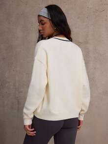 SHEIN Dewbera Contrast Trim Loose Fit V-Neck Long Sleeve Knit Sweater - White - View 2