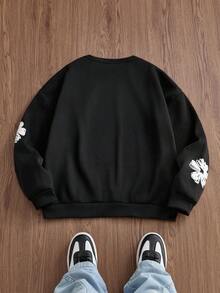 SWAVVY Men's Casual Floral Knit Crew Neck Long Sleeve Pullover Sweatshirt - Black - View 4