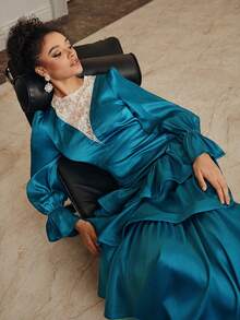 Anewsta New Elegant Vintage Contrast Lace Fishtail Hem Maxi Dress - Royal Blue - View 7
