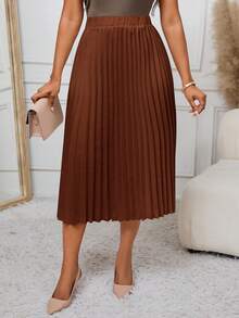 SHEIN Lady White Pleated A-Line Skirt, Versatile For Work And Occasions - Brown - View 3