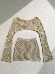 Soleia 加大码女式杏色亮片镂空针织罩衫套装 - 杏色 - 查看 2