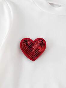 2 pièces/set Jeune fille mignon décontracté T-shirt à manches longues col rond 3D en forme de cœur, assorti avec un pantalon évasé contrasté, convient pour le port décontracté en extérieur au printemps et en automne - Rouge et Blanc - Voir 6