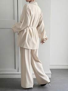 DAZY Women's Collared Pullover Shirt And Straight Loose Fit Pants 2 Pieces Casual Set - Apricot - View 4