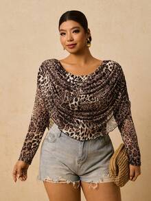 Travachic Camiseta de manga larga con cuello drapeado y estampado de leopardo para mujer de talla grande, elegante y ajustada con estampado elástico para viajes, invierno, playa, vacaciones, resort y fiestas - Caqui - Ver 6
