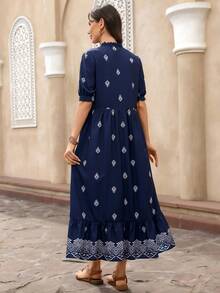 EMERY ROSE 女士几何印花连衣裙，休闲假日风 - 藍色 - 查看 2