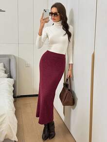 Easowa 秋冬季卡其色纹理优雅长裙，女士款 - 酒紅色 - 查看 6