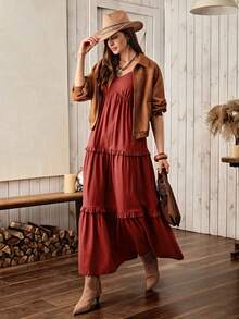 Wildy BOHO Casual Country Lace Patchwork Sleeveless Dress, Basic Outfit For Daily Wear, Suitable For Autumn/Winter And All Seasons - Red - View 6