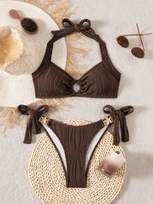 Swim Chiccia 2 piezas Conjunto de bikini texturizado de unicolor sin costuras y sexy, con accesorios metálicos elegantes de tirantes finos, traje de baño de verano para mujer - Café integral - Ver 6