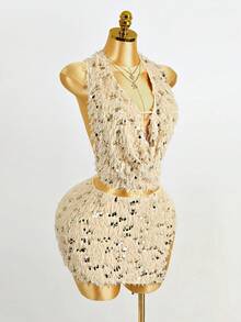 Mistrie 2pcs Women Sequin Sexy Party Crop Top And High Slit Mini Skirt Set , Sequin;Sequin Skirt  Sequin Dress , Sparkly Dress, Shiny Dress, Sequin Dress For Women , Glitter Dress , Sequin , Sequin Skirt Women,