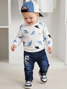 SHEIN Playful Pals Baby Boy Dinosaur Print Long Sleeve Top And Elastic-Waist Jeans-Style Pants, Fall/Spring - White - View 1
