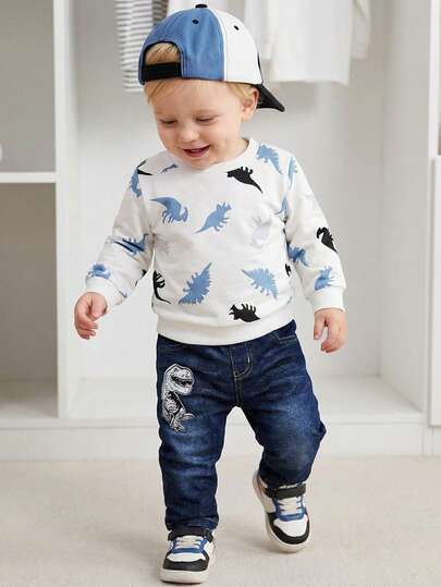 SHEIN Playful Pals Baby Boy Dinosaur Print Long Sleeve Top And Elastic-Waist Jeans-Style Pants, Fall/Spring