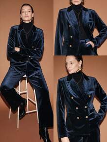 Lumivelle Women's Notched Collar Fleece Double-Breasted Front Long Sleeve Top And Pants Formal Suit Set, Commuting Style - Royal Blue - View 9