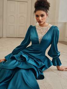 Anewsta New Elegant Vintage Contrast Lace Fishtail Hem Maxi Dress - Royal Blue - View 6