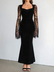 SHEIN Tall 哥特风甜心领蕾丝喇叭袖丝绒修身连衣裙，优雅性感，适合万圣节派对、春夏穿着。 - 黑色 - 查看 11