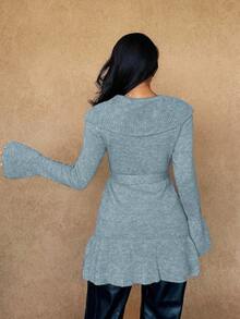 Islaluna 女士优雅法式浪漫翻领荷叶边系带开衫，秋冬款 - 薄荷藍 - 查看 2