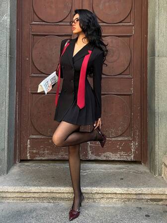 MainGRL Rochie de damă neagră cu guler crestat și două nasturi, pentru birou, de toamnă, pentru naveta