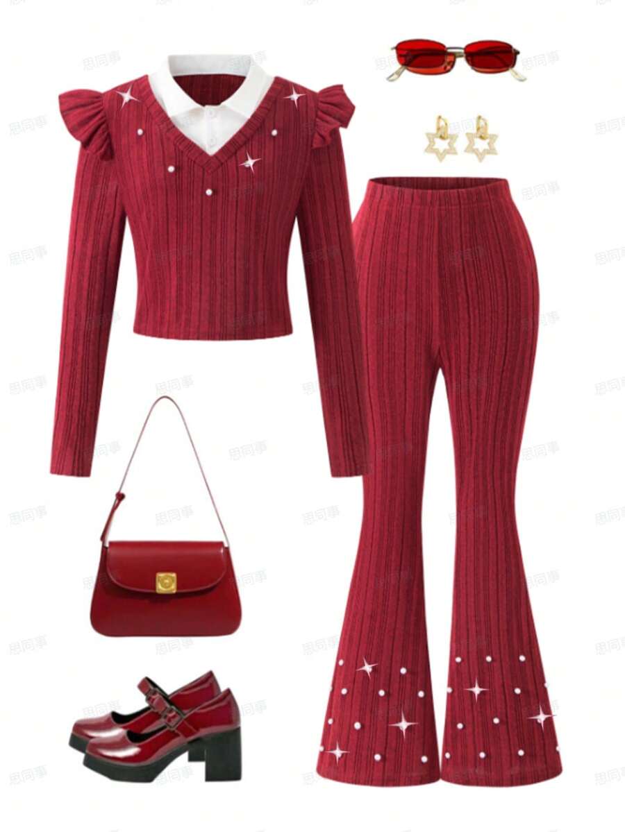 SHEIN 2 件套女童休闲罗纹修身立领长袖上衣和喇叭裤套装,秋冬 - 酒紅色 - 查看 1