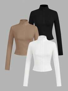 SHEIN EZwear 3件套 女士休闲简约白色、黑色、卡其色针织拉链长袖T恤，秋冬季 - 彩色 - 查看 3