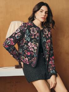 Anewsta Elegant Romantic Open Front Jacket, Woolen Fabric With Floral Embroidery, Faux Pearl & Cable Knit Trim Design, Long Sleeve, Suitable For Autumn/Winter - Black - View 3