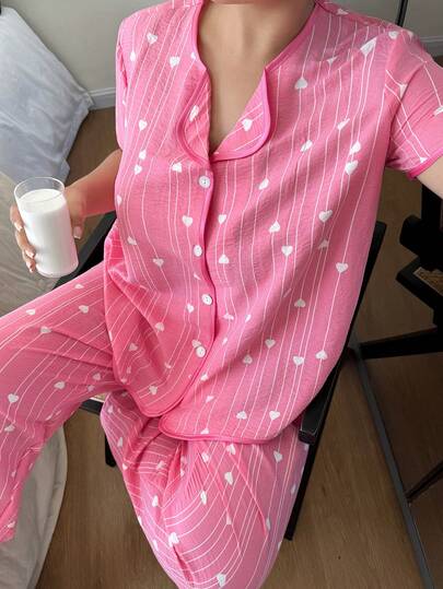 Dream Adore Pink Heart Print Cardigan & Shorts Set, Plus Size Pink Pajamas For Women Heart Pajama Set Women Summer Pajama