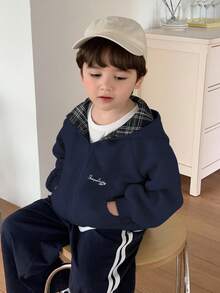 DAZY Young Boy Fleece Jacket, Patchwork Plaid Hooded Casual Loose Fit Letter Print Minimalist Autumn Spring - Navy Blue - View 4