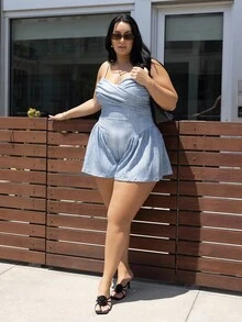 Truni Itsmisslys Denim Effect Cross-Folded Holiday Jumpsuit Dress For Plus Size Women, For Pear Triangle Body Shape, For Body Shape, For Summer - Blue - View 3