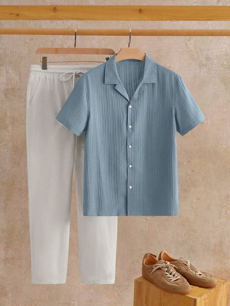 Manfinity VCAY Men's Solid Color Minimalist Casual Short Sleeve Shirt And Pants Set Daily Essential Wardrobe Staple Basic Style All-Match Style Go-To Piece Mix-And-Match Item Casual Versatile Style  Multi-Piece Set 2-Piece Set Man Clothes Set Blue And White 100 Percent Cotton Flannel Baby Blue Men Set Light Blue Full Set Men 2 Piece Set Men Summer Pants And Shirt Set Cargo Summer Clothes Sets Men Summer Outfits Set Linen Set For Men Men Summer Clothes Mens Summer Holiday Clothes