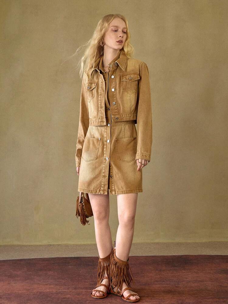 MOTF STUDIO WOMEN'S TURNDOWN COLLAR SLEEVELESS WASHED DENIM MINI DRESS, AUTUMN/WINTER