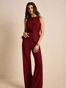 Poéselle Bộ 2 món áo không tay cổ tròn màu trơn và quần ống loe thanh lịch dành cho nữ - Đỏ - Xem 4