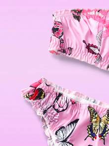 Notgurli 2pcs Pink Satin Jacquard Butterfly Print Ruffle Trim Strapless Bustier Bra And Panty Set, Sweet & Cute, Suitable For Vacation, Party, Music Festival, Club - Pink - View 5