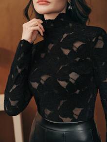 Anewsta Elegant Fashionable Sexy Versatile Fitted Sheer Textured Lace Long Sleeve Undershirt, Suitable For Fall, Winter, Spring, New Year, Party, Wedding - Black - View 1